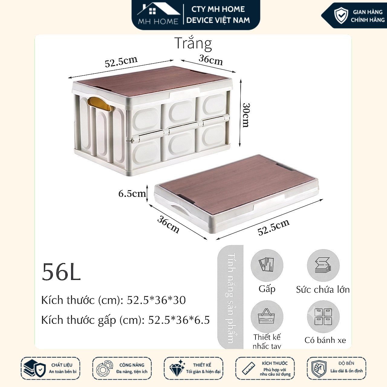 Thùng Đựng Đồ Camping 56L Gấp Gọn Nắp Gỗ – Hộp Đựng Đồ Dã Ngoại Đa Năng Làm Bàn Picnic